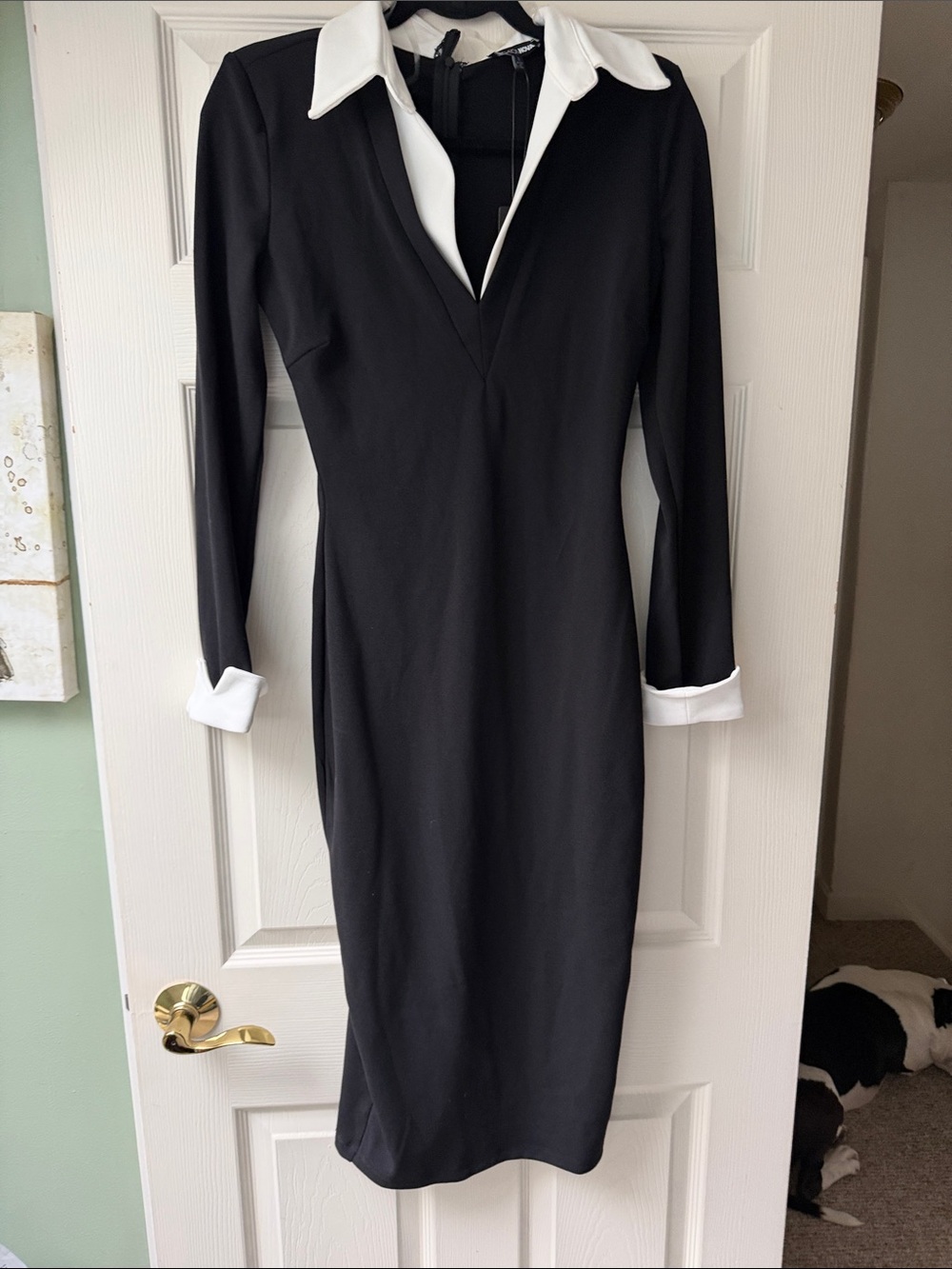 Fashion Nova Black Midi Sheath Dress with White Collar & Cuffs